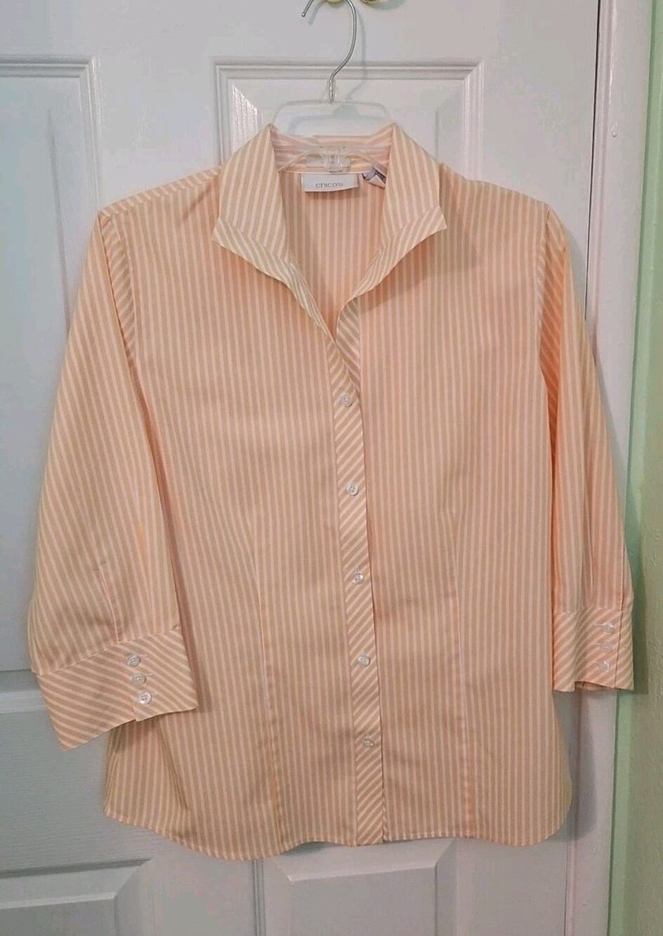 Chico's Blouse Top Size 1 Medium Stripe Button Up 3/4 Sleeve No Iron